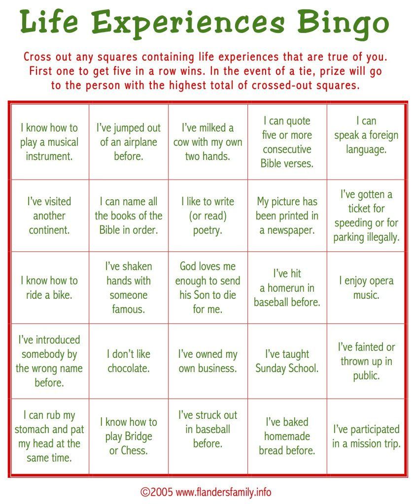 Group Party Games: Life Experiences Bingo