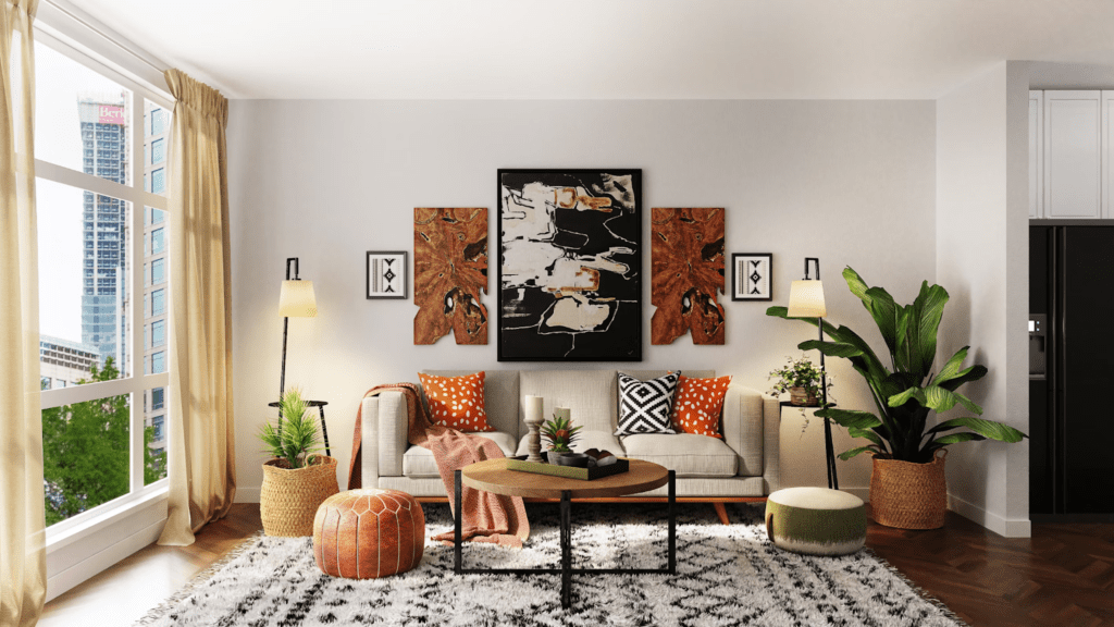 Industrial wooden round table with couch and chairs around